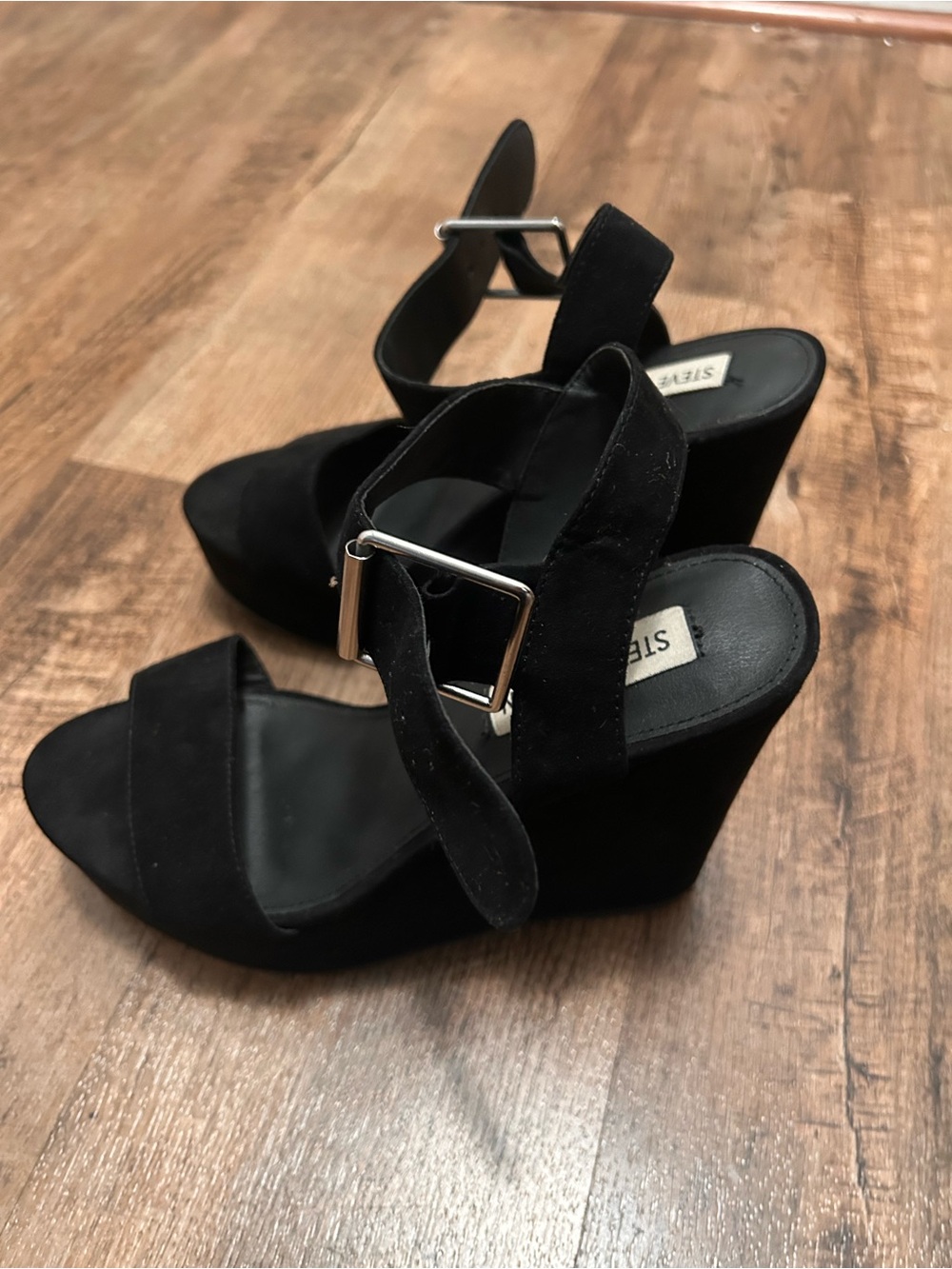 Steve Madden Black Suede Wedge Sandals with Buckle Strap